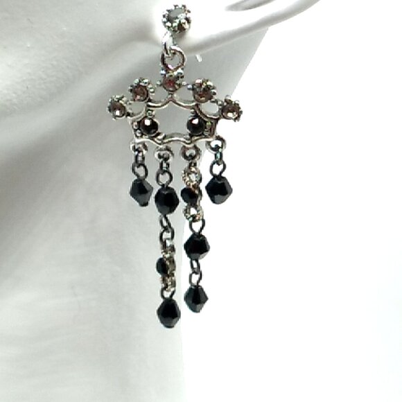 Vintage Style Black Chandelier Faceted Bead Rhinestone Silver Tone Dangle Post - Picture 1 of 7